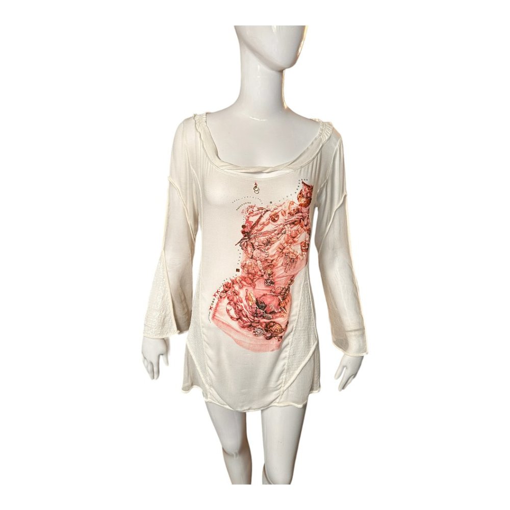 ELISA CAVALETTI EMBELLISHED PRINT DROP SLEEVE TOP (SZ XS / SM) - Picture 10 of 15